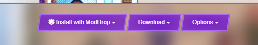 Three purple buttons reading Install with ModDrop, Download, and Options respectively.